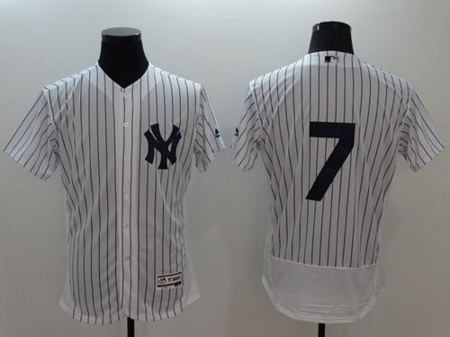 Yankees #7 Mickey Mantle White Strip Flexbase Authentic Collection Stitched MLB Jersey - Click Image to Close